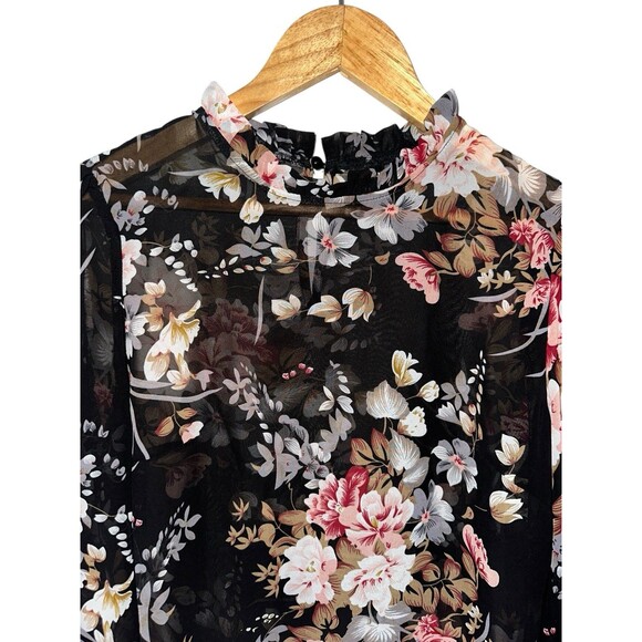 Womens Floral Sheer Blouse Black Long Sleeve Ruffle Neck Romantic Top Small - Picture 7 of 16